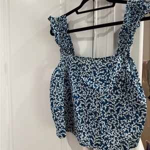 J. Crew Blue and White Floral Top. Light Weight. Ruffled and Smocked Straps